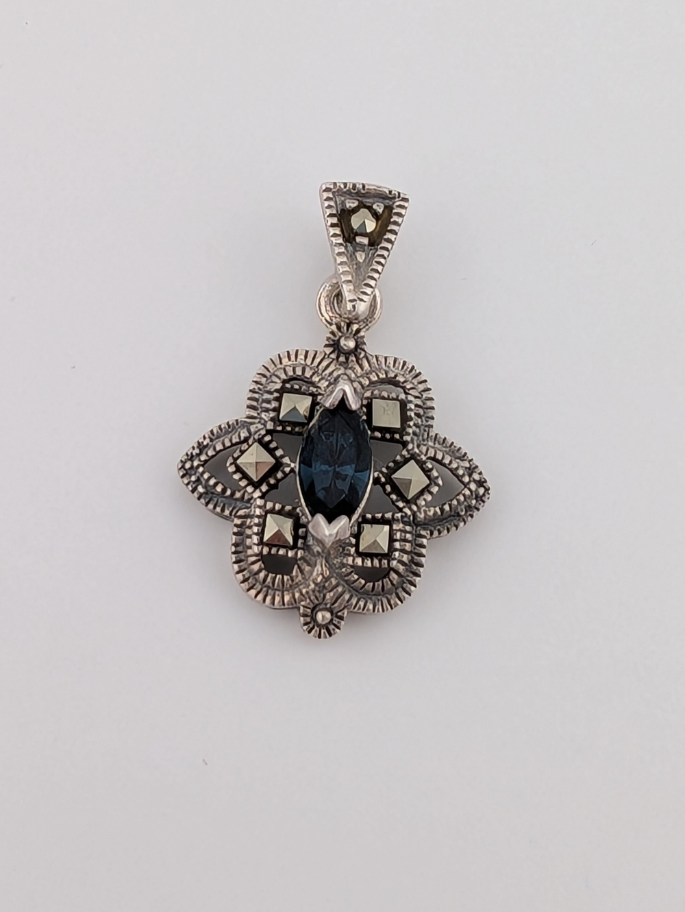 Vintage Sterling, Marcasite, & Blue CZ Pendant - Art Deco Estate 925 Silver